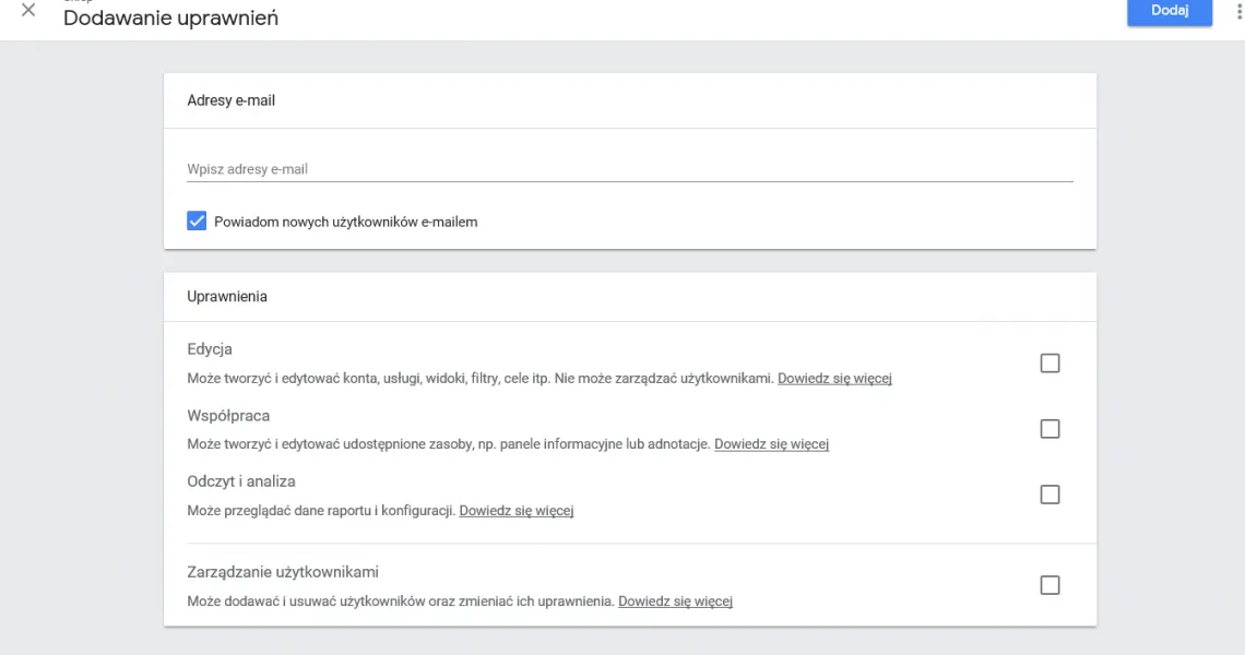 Zarządzanie użytkownikami Google Analytics