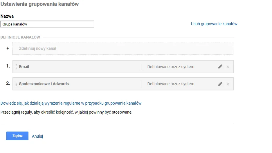 grupa kanałów Google Analytics