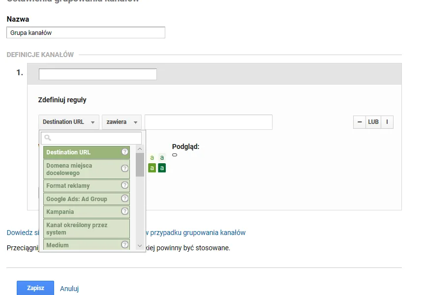 grupowanie kanałów Google Analytics