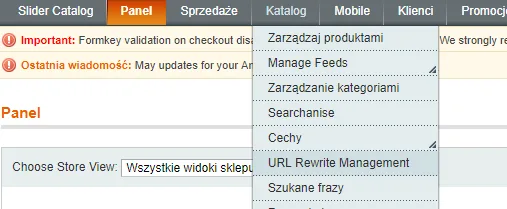 Panel Magento przekierowanie
