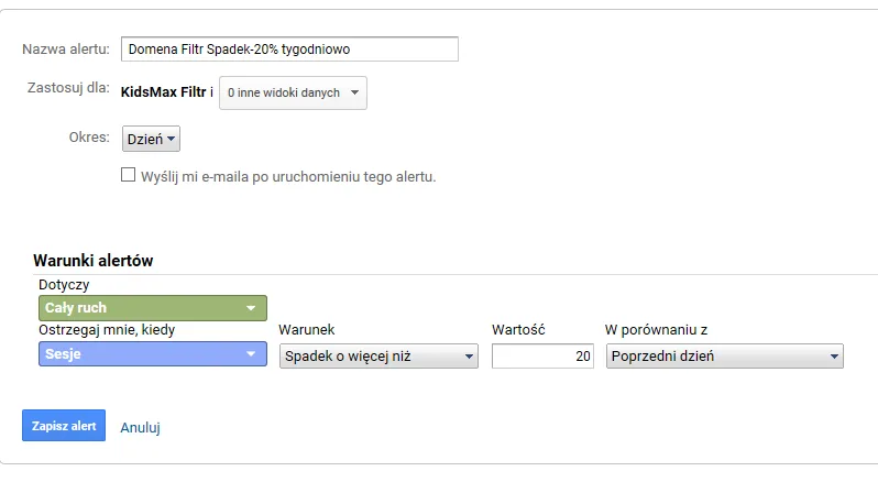 alert filtru Google Analytics