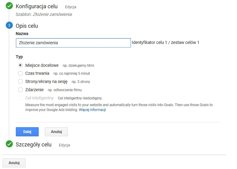 Konfiguracja celu Google Analytics